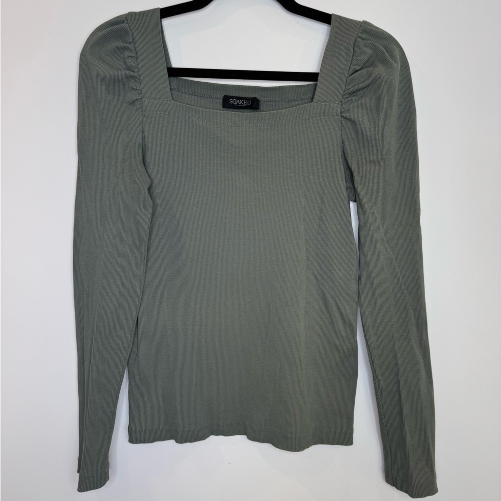 Soaked in luxury moss Green Ribbeb square neck puff shoulder Long Sleeve size S